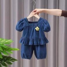 批发女童夏装<b class='q'>套装</b>2026新款夏季中小儿童洋气女宝宝牛仔短袖短裤两件套