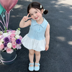 批发珊沫<b class='q'>女</b><b class='q'>童</b>连衣裙夏季<b class='q'>韩版</b>学院风polo领蝴蝶结花苞裙洋气公主裙<b class='q'>童装</b>