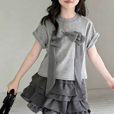 批发<b class='q'>女</b><b class='q'>童</b>短袖<b class='q'>t</b><b class='q'>恤</b>儿童上衣夏装2026新款大童韩范蝴蝶结灰色超好看衣服