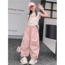 女童夏装套装2026新款女大童飞袖T恤工装裤儿童嘻哈街舞夏季衣服
