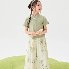 批发女童新中式国风裤子套装夏季洋气网红<b class='q'>儿童</b>装盘扣上衣阔腿裤两件套