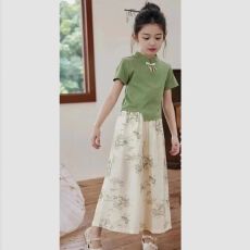 批发新中式女童短袖夏装新款5岁<b class='q'>儿童</b>国风盘扣上衣不规则短款t恤中国结