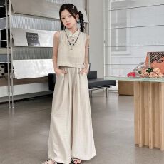 批发<b class='q'>女</b><b class='q'>童</b>夏装新中式套装2026新款大童洋气国风盘扣<b class='q'>马甲</b>背心时髦阔腿裤