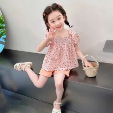 批发<b class='q'>女</b><b class='q'>童</b>夏季短袖套装新款网红泡泡袖碎花上衣短裤儿童洋气休闲两件套