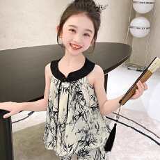 批发女小童新中式套装夏款女宝宝汉服古装夏装小女孩熊猫竹叶两件套潮