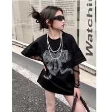 批发女童<b class='q'>夏</b>季洋气蕾丝拼接t恤2026年新款中大童潮酷宽松短袖时尚上衣