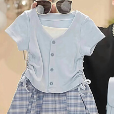 批发<b class='q'>女</b><b class='q'>童</b>学院风短袖百褶裙套装夏季2026新款假两件T恤甜美格子短裙潮