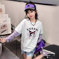 批发2026年女童<b class='q'>假两件</b>短袖T恤大儿童夏季卡通体恤女孩夏装防晒袖<b class='q'>上衣</b>