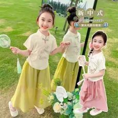 女童夏装中式套装2026年新款儿童国风夏季盘扣短袖阔腿裤两件套
