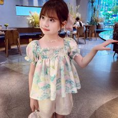 批发<b class='q'>女</b><b class='q'>童</b>泡泡袖公主上衣女孩<b class='q'>夏装</b>2026新款洋气儿童韩版水墨油画娃娃衫