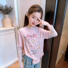 批发<b class='q'>女童</b>202<b class='q'>6</b>年春秋季新款洋气小女孩时髦印花百搭时尚圆领长短袖上衣