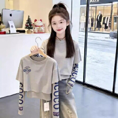 批发2026春秋新款纯棉儿童韩版字母印花宽松休闲<b class='q'>长袖</b>T恤假两件打底衫