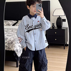 批发<b class='q'>男童</b>痞帅<b class='q'>长袖</b>衬衫外套2026春季新款中大童学院风复古条纹刺绣衬衣