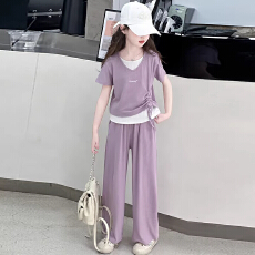 批发<b class='q'>女</b><b class='q'>童</b>夏季短袖套装2026新款中大童假两件T恤儿童夏装宽松阔腿裤薄