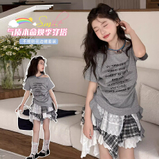 韩系2026夏季新款儿童露肩短袖T恤女童不规则半身裙休闲夏装套装