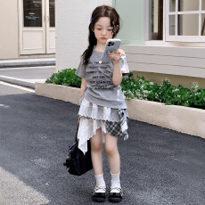 女童韩版斜肩短袖T恤儿童洋气不规则拼接上衣小女孩蛋糕裙半身裙