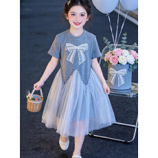 批发<b class='q'>女童</b>夏<b class='q'>季</b>网纱<b class='q'>连衣裙</b>2026新款韩版中大童夏日蝴蝶结印花短袖T恤裙