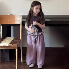 批发<b class='q'>女童</b>202<b class='q'>6</b>夏季新款套装韩系舒适百搭短袖T恤花边休闲裤夏装两件套