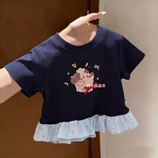 批发巨好看女童卡通短袖时髦上衣T恤中小儿童宝宝可爱波点拼接短袖衫