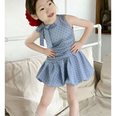 批发【40支酷丝爽棉螺纹1*1】韩女童2026夏季新款波点短裙收腰连衣裙