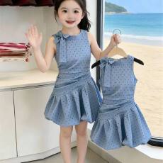批发【40支酷丝爽棉螺纹1*1】女童2026夏季新款短裙波点无袖连衣裙