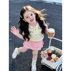 40支酷丝爽棉1*1罗纹夏女童短袖套装新款POLO上衣儿童两件套