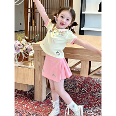 40支酷丝爽棉1*1罗纹女童可爱刺绣套装夏polo短袖短裙两件套