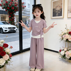 批发【莱雅1*1随心裁】女童短袖套装夏季2026新款假两件T恤休闲阔腿裤