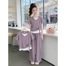 批发【莱雅1*1随心裁】女童短袖套装夏季2026新款假两件T恤休闲阔腿裤