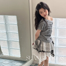 批发【40支酷丝爽棉螺纹1*1 】<b class='q'>女</b><b class='q'>童</b>夏新短袖穿搭斜肩<b class='q'>T</b><b class='q'>恤</b>半身裙两件套