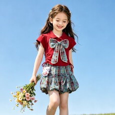 酷丝爽棉螺纹女童两件套2026夏季新款洋气时髦短袖花苞裤套装