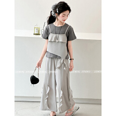 批发【酷丝爽棉螺纹】<b class='q'>女</b><b class='q'>童</b>假两件短袖<b class='q'>套装</b>夏季2026新款夏装长裤两件套