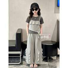 批发【酷丝爽棉螺纹】<b class='q'>女</b><b class='q'>童</b>假两件短袖上衣夏新款时髦韩阔腿裙裤两件套
