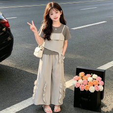 批发【酷丝爽棉螺纹】<b class='q'>女</b><b class='q'>童</b>夏季2026新款大童慵懒风休闲上衣长裤两件套