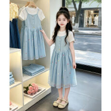 批发【酷丝爽棉螺纹】<b class='q'>女</b><b class='q'>童</b>连衣裙2026新儿童夏装大童假两件A字中长裙