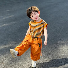 批发【条纹布】<b class='q'>男童</b>短<b class='q'>袖</b>工装裤套装2026夏季新款中小童条纹印花两件套