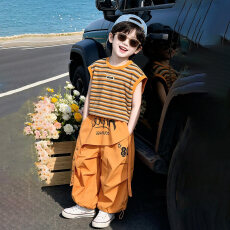批发【条纹布】<b class='q'>男童</b>202<b class='q'>6</b>夏季新款短袖工装裤套装中小童条纹印花两件套