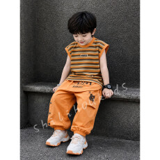 批发【条纹布】<b class='q'>男童</b>202<b class='q'>6</b>新款夏季短袖工装裤套装中小童条纹印花两件套