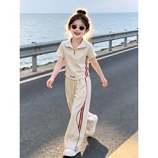 批发【曼巴棉】<b class='q'>女</b>童<b class='q'>短</b><b class='q'>袖</b><b class='q'>长裤</b>套装2026新款大童<b class='q'>运动</b>竖条T恤休闲两件套