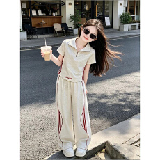 批发【曼巴棉】<b class='q'>女童</b><b class='q'>运动套装</b>夏2026新款女孩洋气短袖宽松阔腿裤两件套