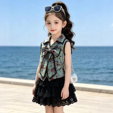 批发【格子布】<b class='q'>女童</b><b class='q'>套装</b>夏季2026新款儿童蝴蝶结背心蕾丝半身裙两件套