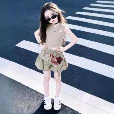 批发【40支酷丝棉1*1】女童2026夏新款印花无袖T恤花苞短裤<b class='q'>时尚</b>两件套