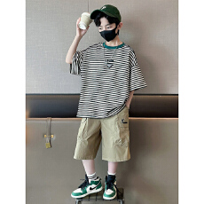 批发【条纹布】男童夏装套装26新款大童<b class='q'>休闲</b>短袖夏季儿童酷帅夏款男孩