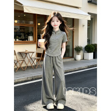批发【曼巴棉】<b class='q'>女</b><b class='q'>童</b>套装夏26新款洋气儿童简约薄款运动短袖直筒裤套装