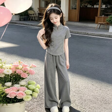 批发【曼巴棉】女童夏款短袖阔腿裤两件套26新女大童夏季<b class='q'>韩版</b>休闲套装