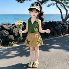 批发韩版<b class='q'>童装</b>女童套装2026夏季新款女孩时髦绿色波点背心衫两件套黄裙