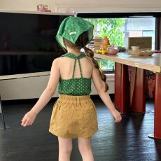 批发韩版<b class='q'>童装</b>女童套装2026夏季新款女孩时髦绿色波点背心衫两件套黄裙