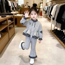 批发【曼巴棉】<b class='q'>女</b><b class='q'>童</b>套装26春秋新款韩版时尚假两件格子花边两件套套装