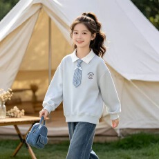 批发涤鱼鳞 26新款女童学院风卫衣翻领领带甜美小学生中大童宽松上衣