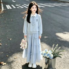 批发涤鱼鳞 女大童秋季套装学院风POLO衫洋气小女孩卫衣时尚潮流上衣